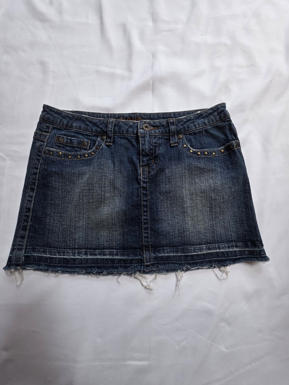 YMI Distressed Denim Mini Skirt Studded Pockets Frayed Hem Size 9 Y2K